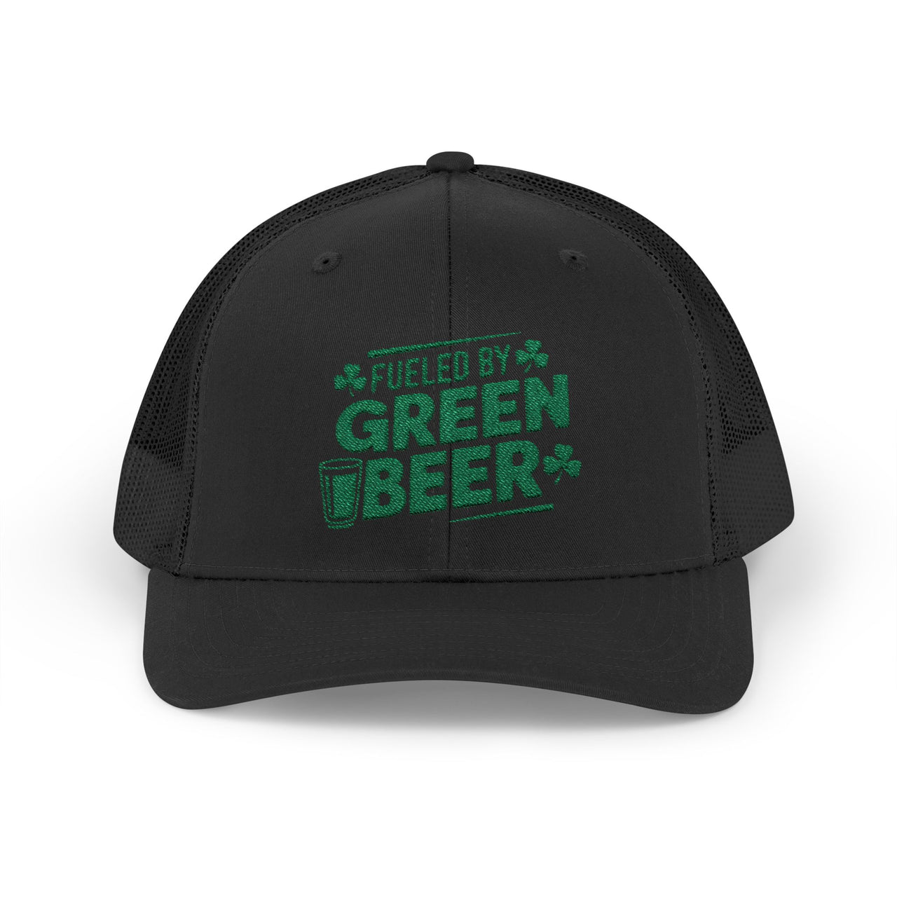 black curved trucker hat with the phrase 'Fueled by Green Beer' funny St Patricks Day pub crawl design