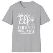 Funny Christmas Humor Short Sleeve Shirt with wine glass and elf hat and the text and the text Elf Certified Wine Taster - Sport Grey