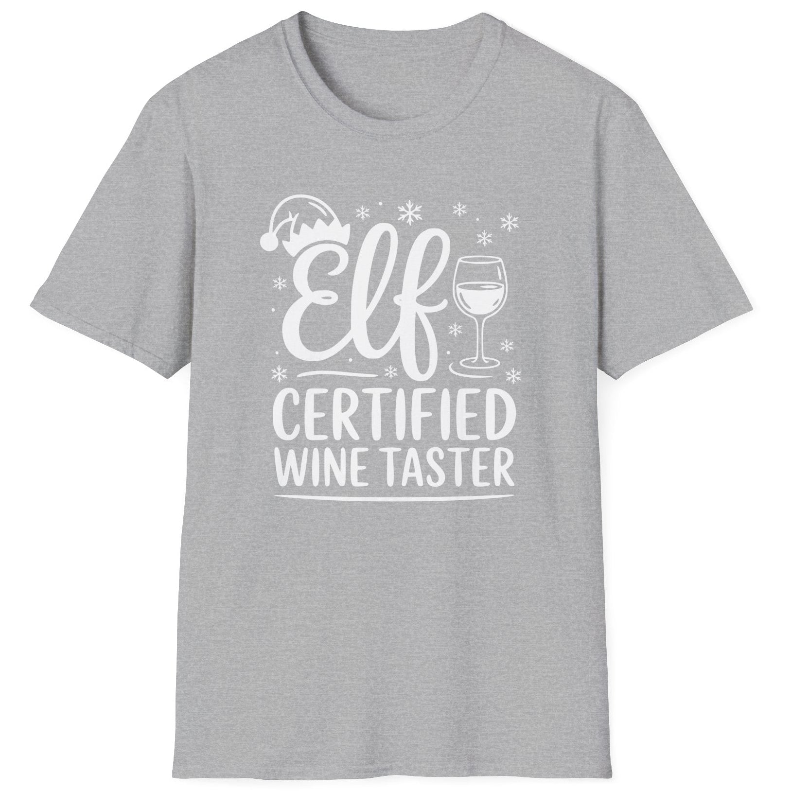 Funny Christmas Humor Short Sleeve Shirt with wine glass and elf hat and the text and the text Elf Certified Wine Taster - Sport Grey