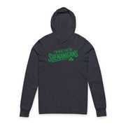 navy hoodie with the phrase "i'm here for the shenanigans" funny st patricks day design