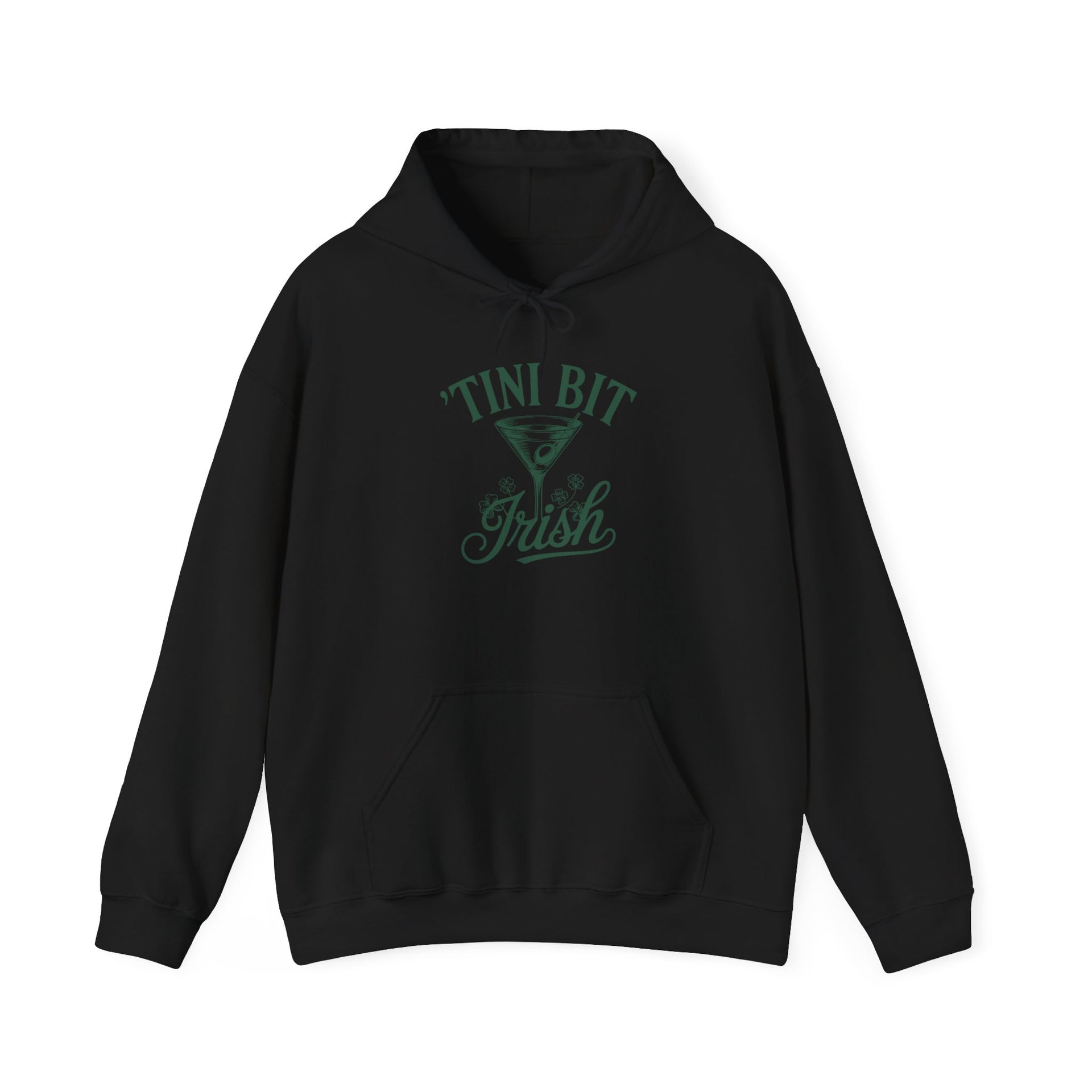 black hoodie with 'Tini Bit Irish' and martini glass funny st patricks day hoodie