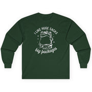 funny christmas forest green long-sleeve shirt with the phrase i like huge sacks and big packages