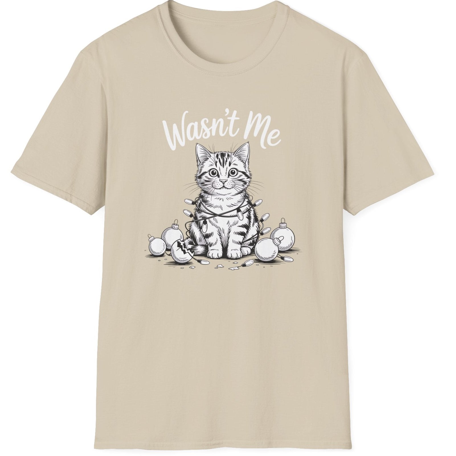 Funny Christmas Cat Humor Short Sleeve Shirt with a cute cat wrapped in christmas lights and surrounded by broken ornaments and the text "Wasn't Me" - Sand