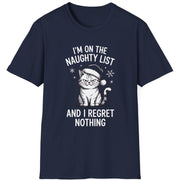 Navy bluet-shirt with a grumpy cat graphic and the phrase im on the naughty list and i regret nothing funny christmas sweater
