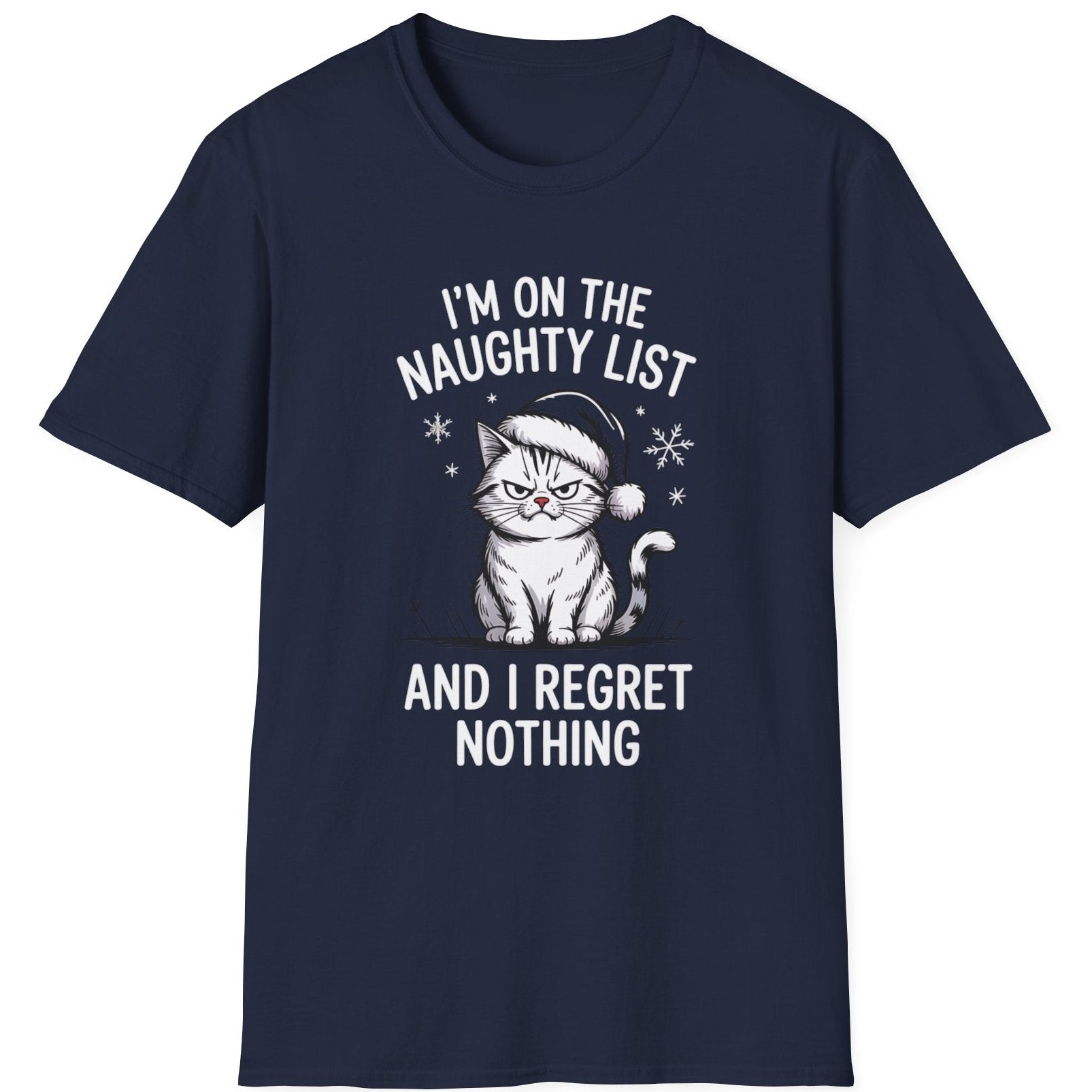 Navy bluet-shirt with a grumpy cat graphic and the phrase im on the naughty list and i regret nothing funny christmas sweater