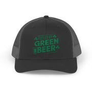 black and gray curved trucker hat with the phrase 'Fueled by Green Beer' funny St Patricks Day pub crawl design