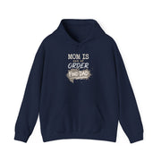 a navy blue hoodie with text 'Mom is out of order find dad' funny mother's day, mom life, girls trip design