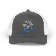  a charcoal and white trucker hat with teh phrase its a bad day to be a beer funny spring break, guys trip, girls trip, beach trip, lake season design