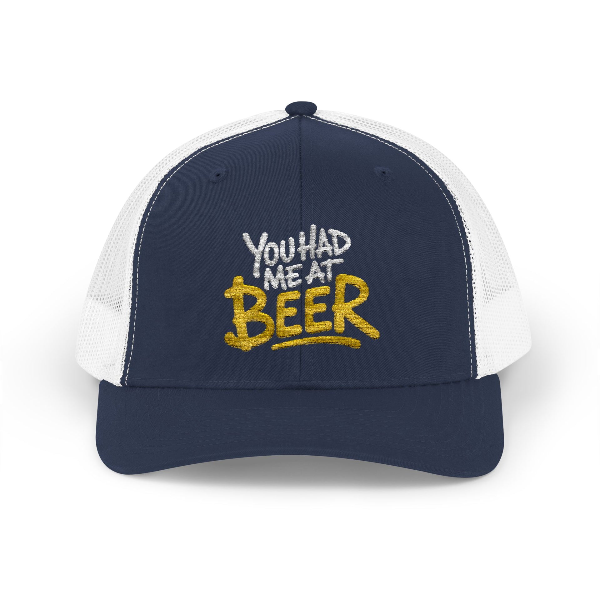 a navy and white trucker hat with the phrase  'You Had Me at Beer' text funny spring break, guys trip, girls trip, bachelor party, bachelorette party, lake season, beach trip, summer vacation design
