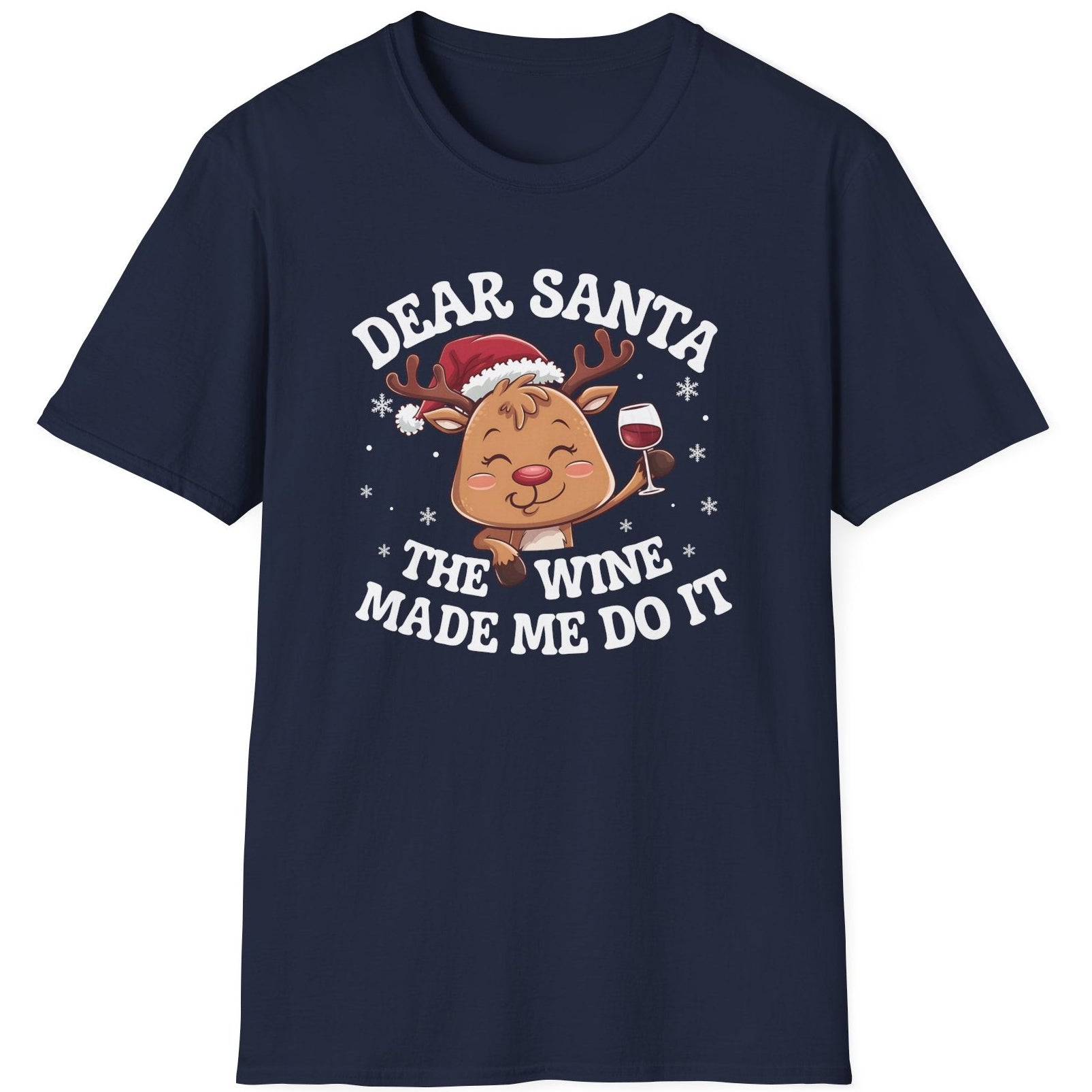 Funny Christmas Short Sleeve Shirt with  a cute reindeer drinking wine and the text "Dear Santa the Wine Made Me Do It" - Navy Blue