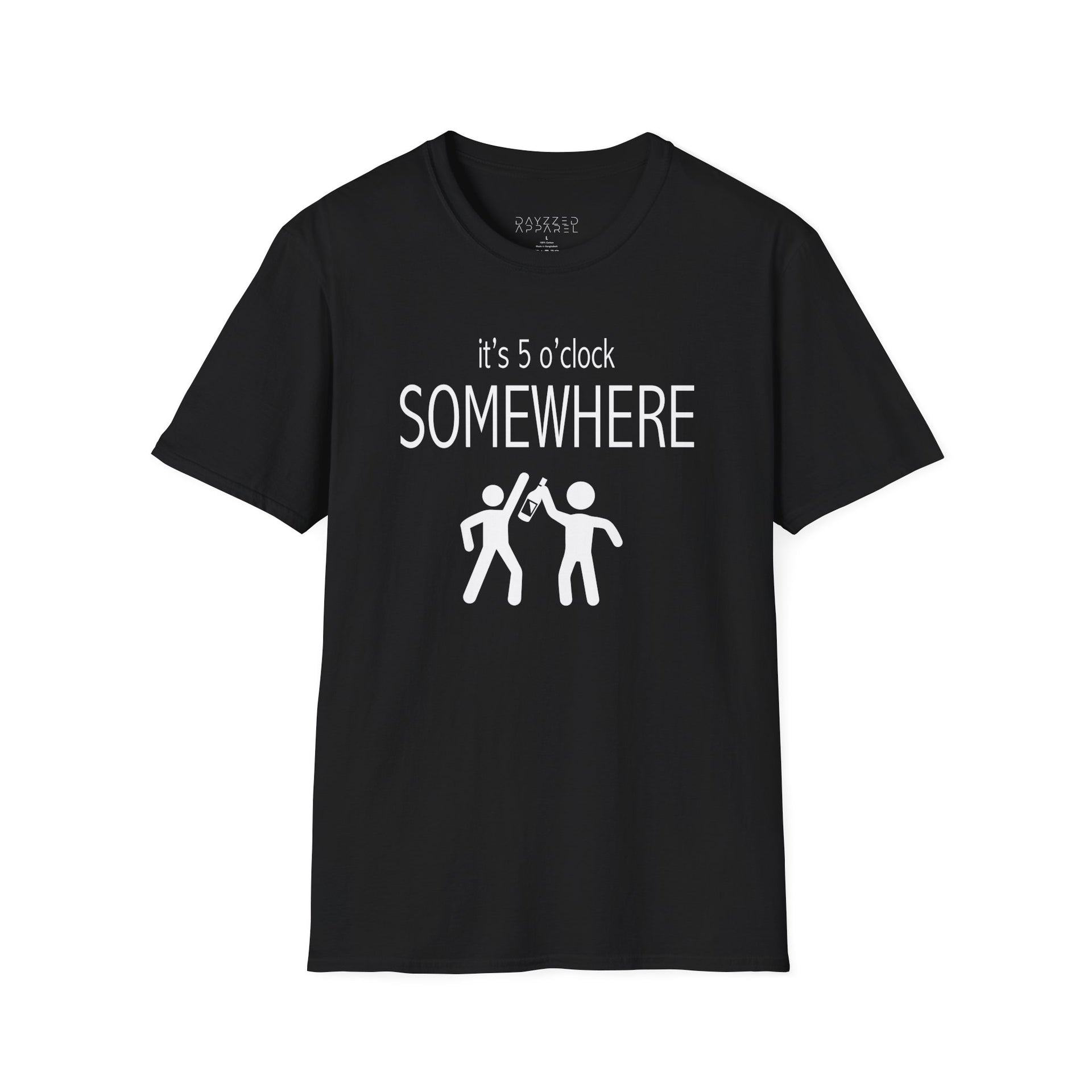 a black t-shirt with 'it's 5 o'clock SOMEWHERE' text funny day drinking, spring break, summer acation, guys trip or girls trip design