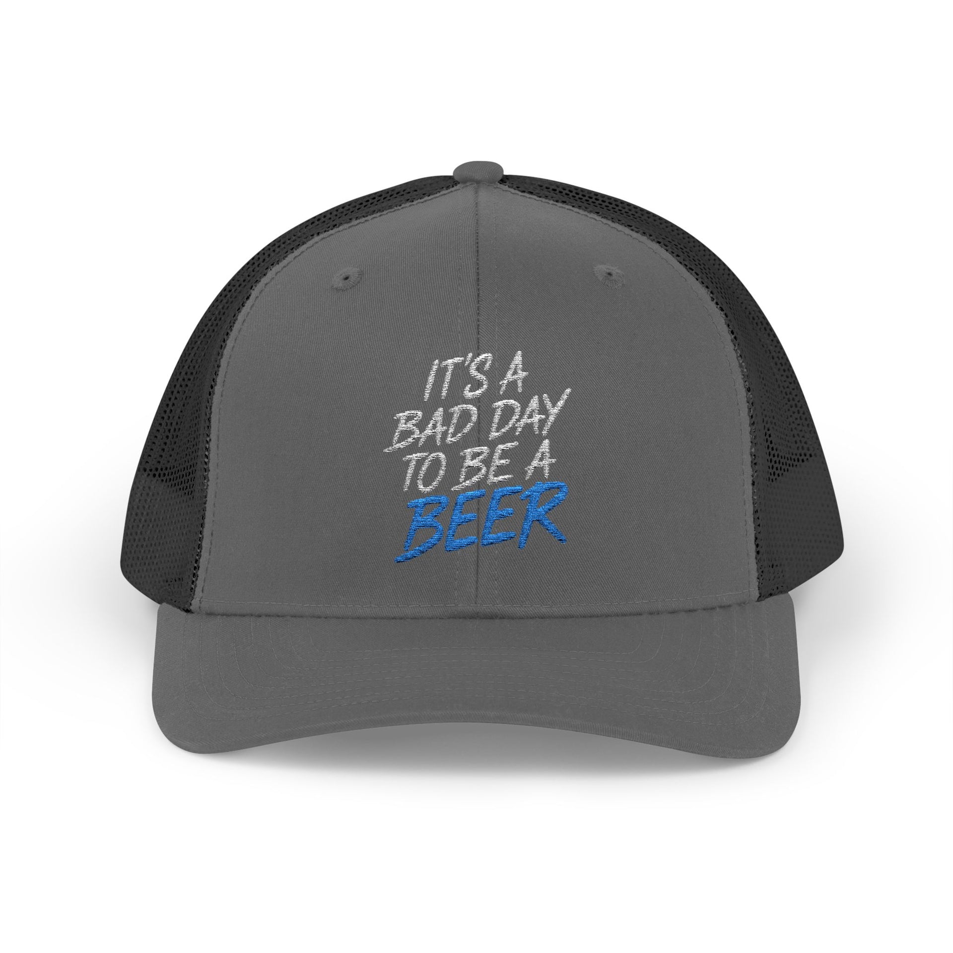  a charcoal and black trucker hat with teh phrase its a bad day to be a beer funny spring break, guys trip, girls trip, beach trip, lake season design