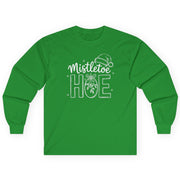 Green long-sleeve shirt with 'Mistletoe Hoe' text funny christmas tee