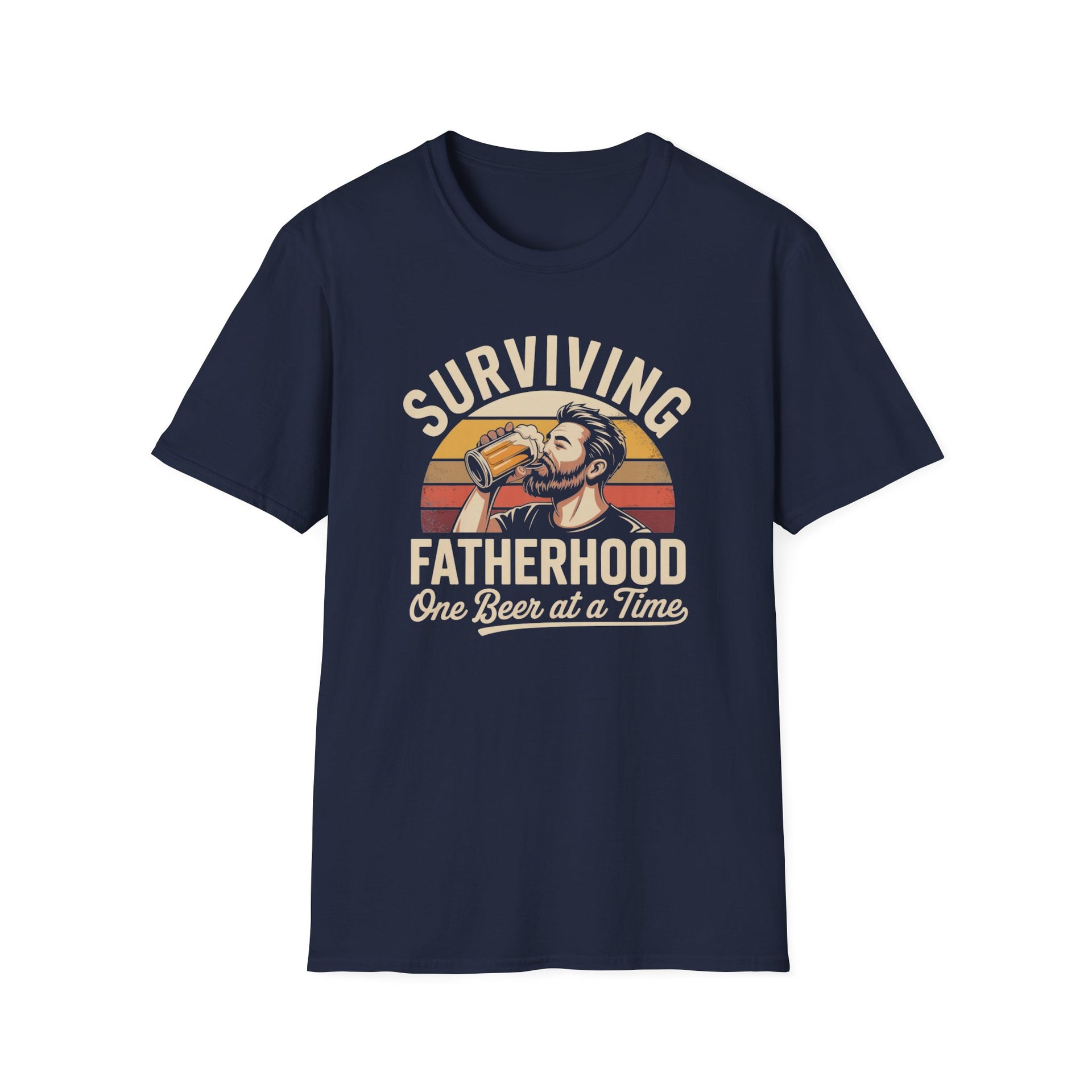a funny navy t-shirt with the phrase 'Surviving Fatherhood One Beer at a Time" and a retro sunset graphic of a man drinking a beer funny father's day dad gift idea