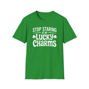green t-shirt with the phrase "Stop Staring at my Lucky Charms" funny St Patricks Day design