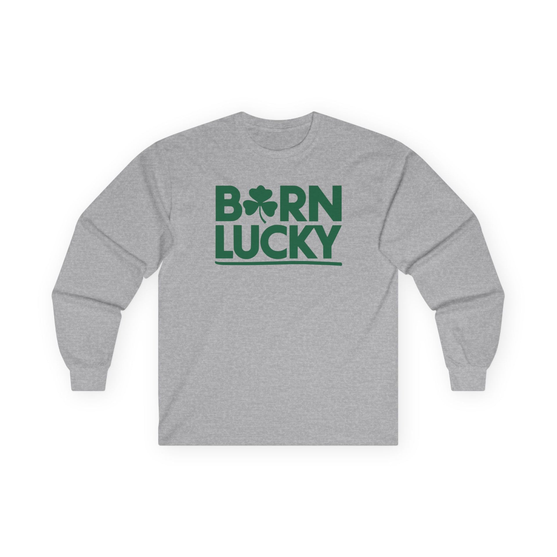 gray long-sleeve shirt with 'Born Lucky' text funny st patricks day design