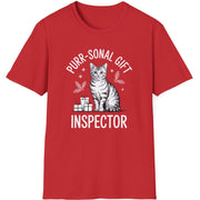 Red  t-shirt with a cat graphic and the text purr-sonal gift inspector funny christmas sweater