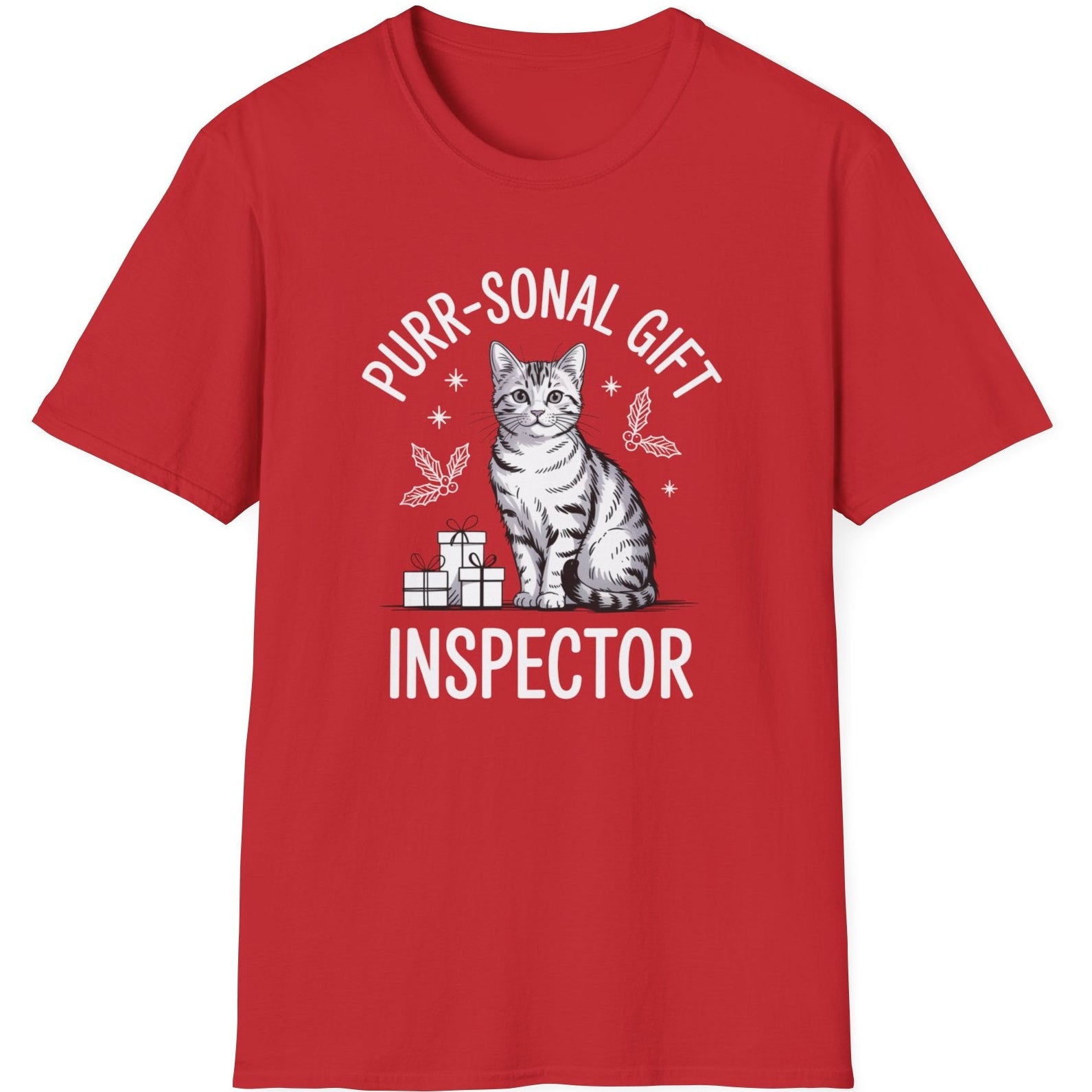 Red  t-shirt with a cat graphic and the text purr-sonal gift inspector funny christmas sweater