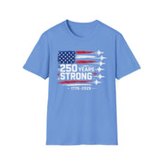  a light blue t-shirt with an American flag design and '250 Years Strong' text patriotic fighter jet Meorial Day, 4th of July design