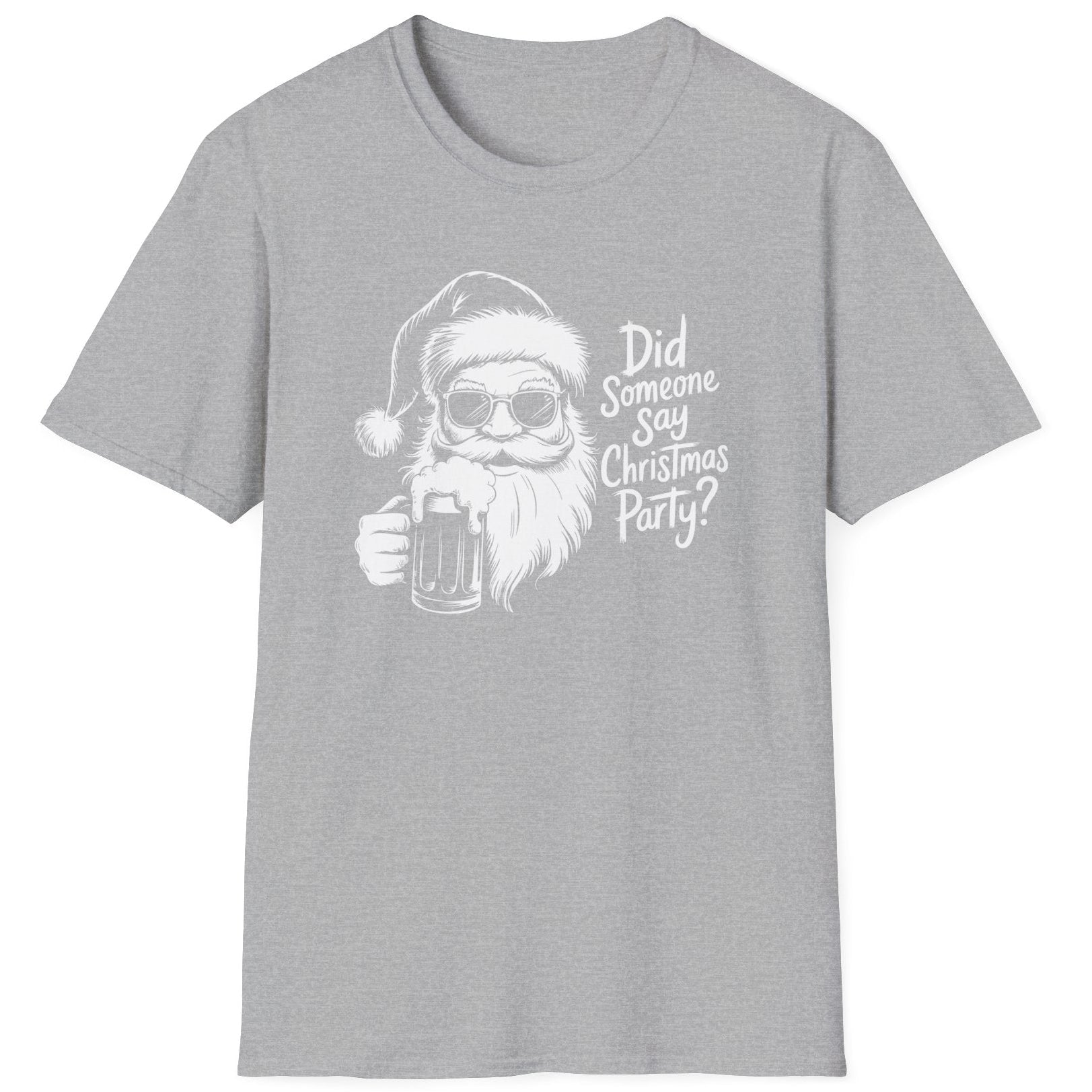 Funny Christmas Drinking Humor Short Sleeve Shirt with a Santa drinking a mug of Beer and the text "Did Someone Say Christmas Party" - Sport Grey