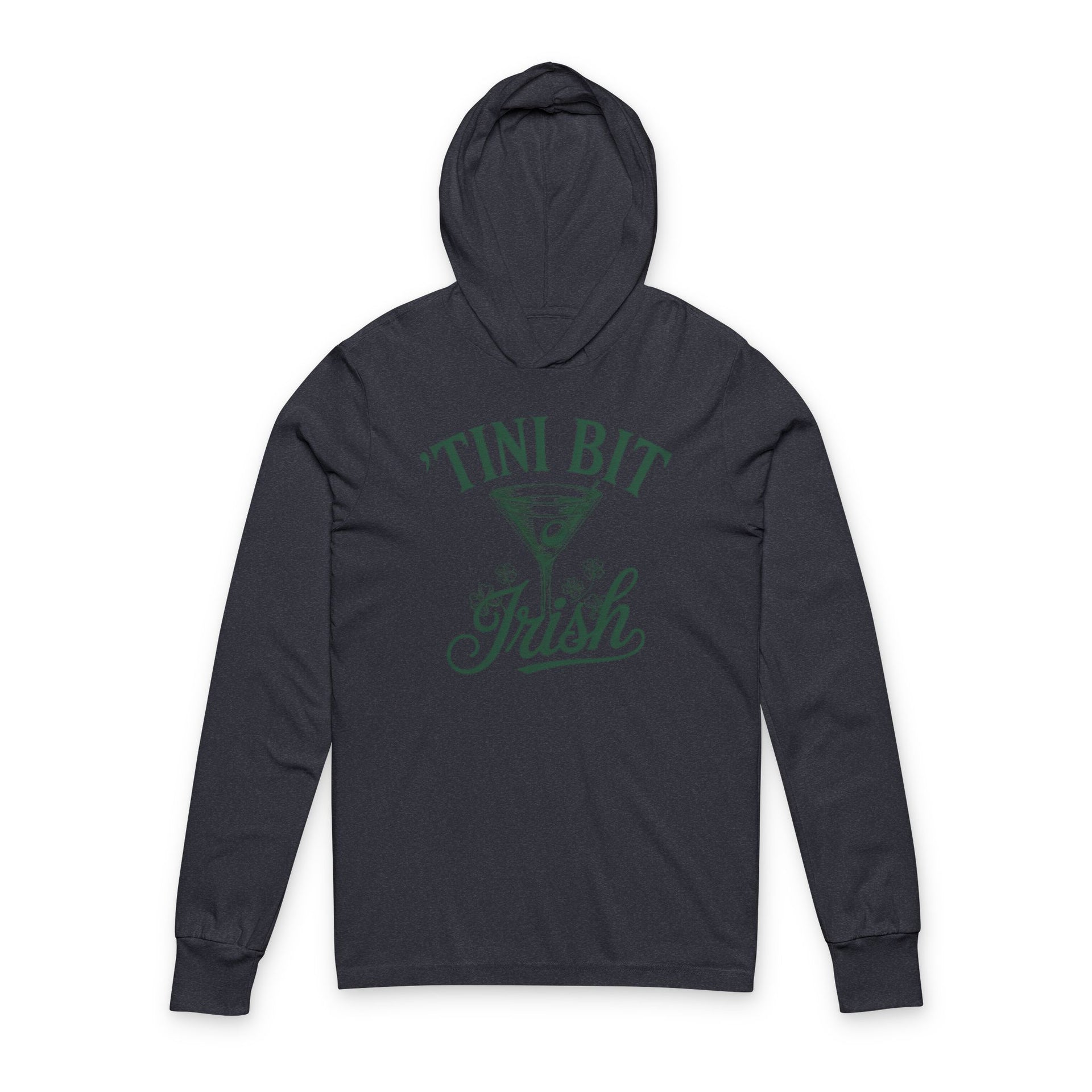 navy lightweight hoodie with 'TINI BIT IRISH' text and martini glass design funny st patricks day design