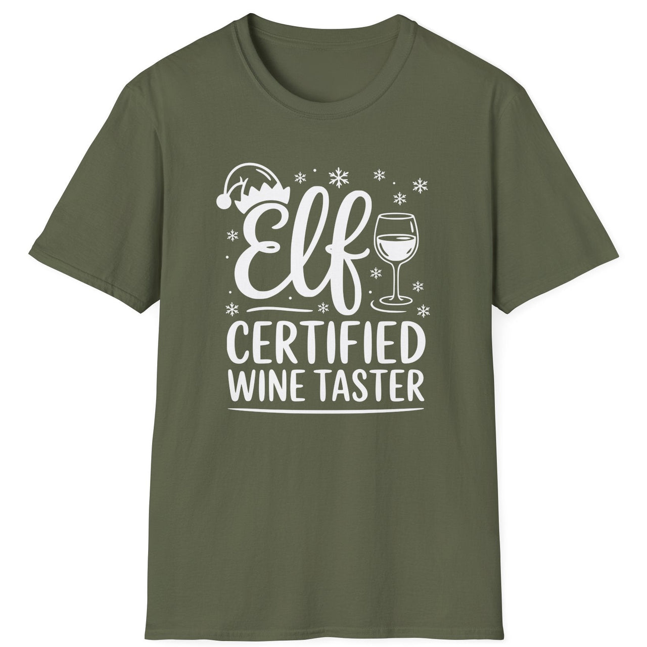Funny Christmas Humor Short Sleeve Shirt with wine glass and elf hat and the text and the text Elf Certified Wine Taster - Military Green