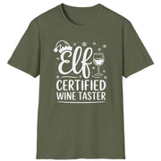 Funny Christmas Humor Short Sleeve Shirt with wine glass and elf hat and the text and the text Elf Certified Wine Taster - Military Green
