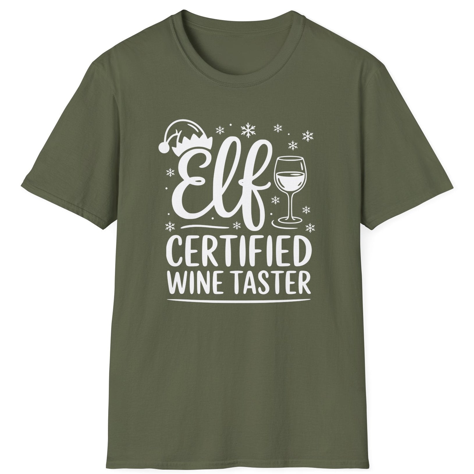 Funny Christmas Humor Short Sleeve Shirt with wine glass and elf hat and the text and the text Elf Certified Wine Taster - Military Green