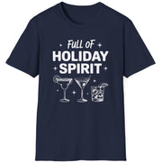 Funny Christmas Drinking Short Sleeve Shirt with three cocktails glasses and the text "Full of Holiday Spirit" - Navy Blue