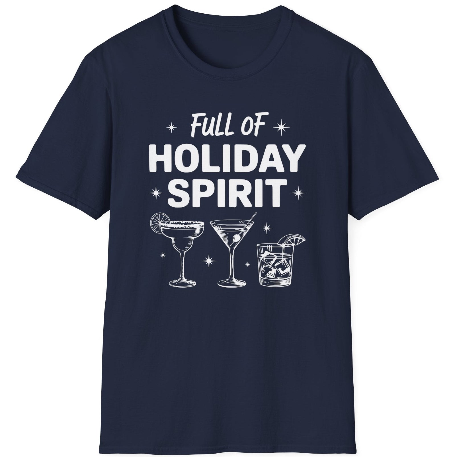 Funny Christmas Drinking Short Sleeve Shirt with three cocktails glasses and the text "Full of Holiday Spirit" - Navy Blue