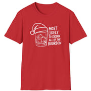 Funny Christmas Drinking Humor Short Sleeve Shirt with a bourbon glass with a santa hat and the text "Most Likely to Drink All of the Bourbon" - Red