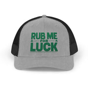 a gray and black curved bill trucker hat with 'Rub Me for Luck' text funny st patricks day pub crawl design