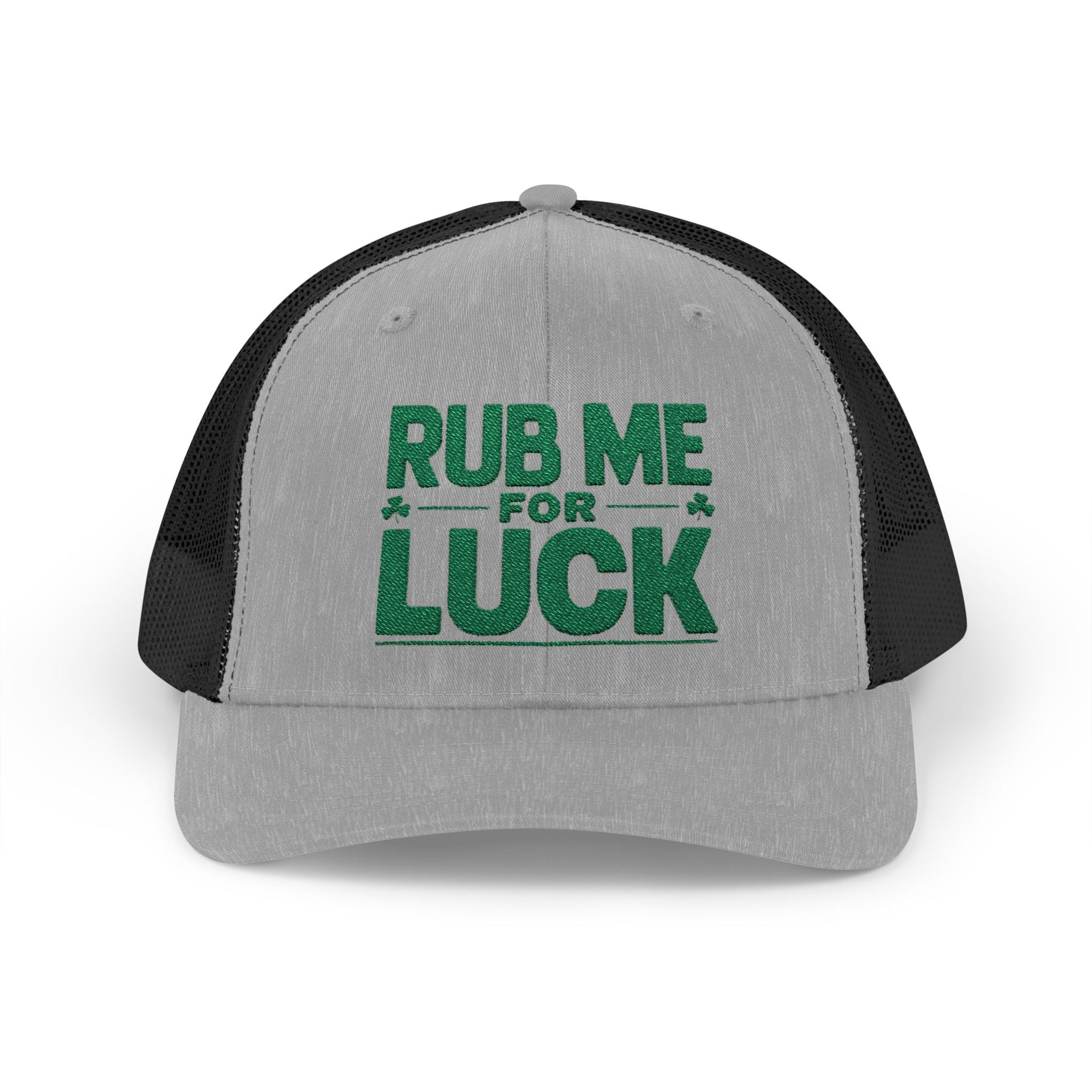 a gray and black curved bill trucker hat with 'Rub Me for Luck' text funny st patricks day pub crawl design