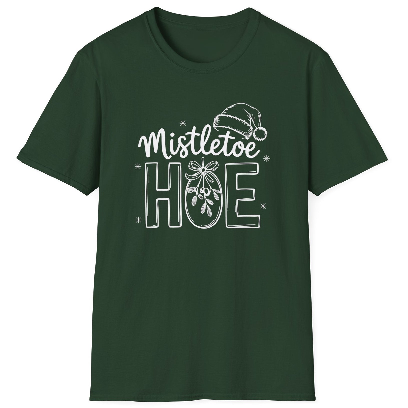 Funny Christmas Humor Short Sleeve Shirt with mistletoe and a santa hat and the text and the text "Mistletoe Hoe" - Forest Green