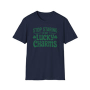 navy t-shirt with the phrase "Stop Staring at my Lucky Charms" funny St Patricks Day design