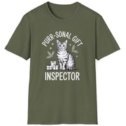 Green  t-shirt with a cat graphic and the text purr-sonal gift inspector funny christmas sweater