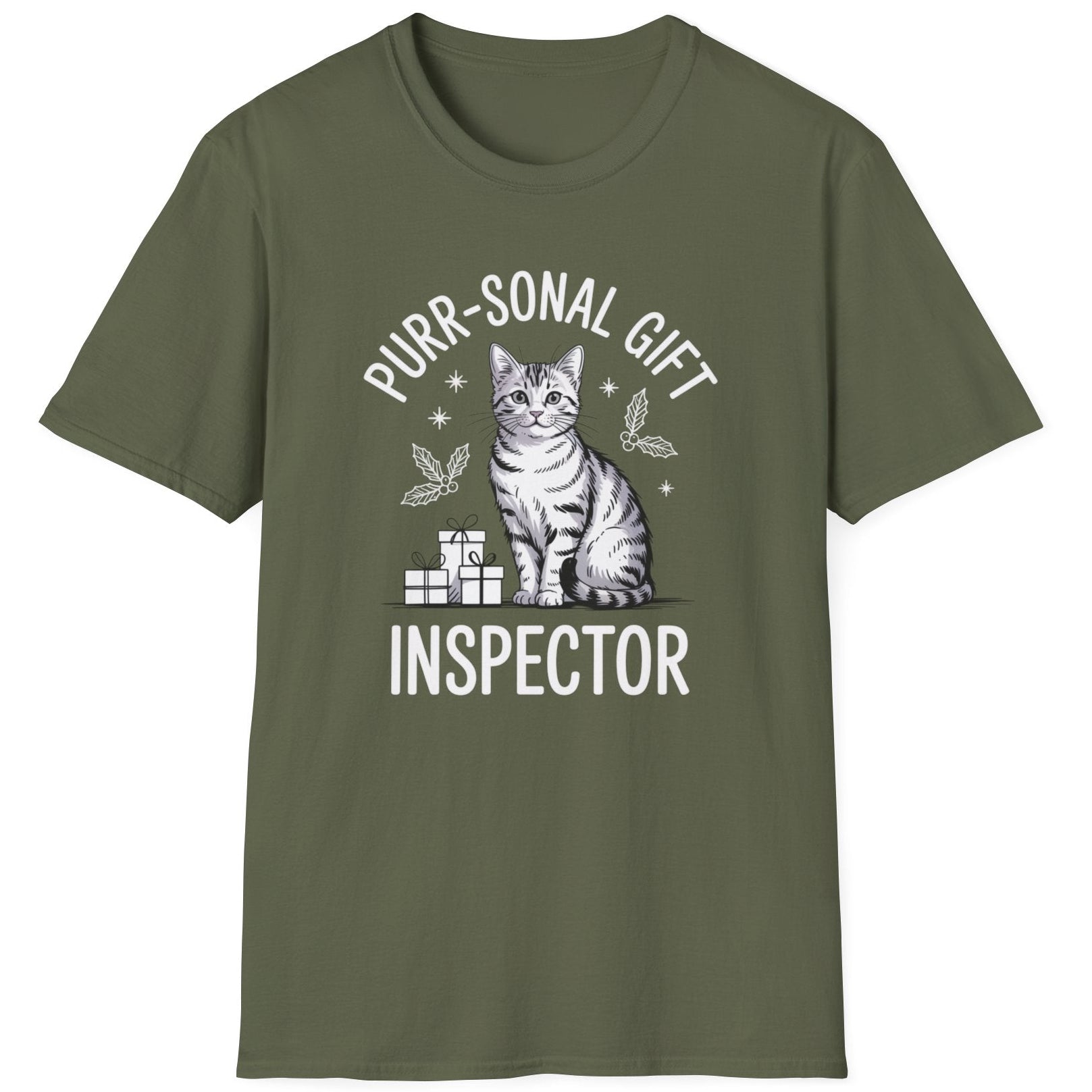 Green  t-shirt with a cat graphic and the text purr-sonal gift inspector funny christmas sweater