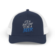  a navy and white trucker hat with teh phrase its a bad day to be a beer funny spring break, guys trip, girls trip, beach trip, lake season design