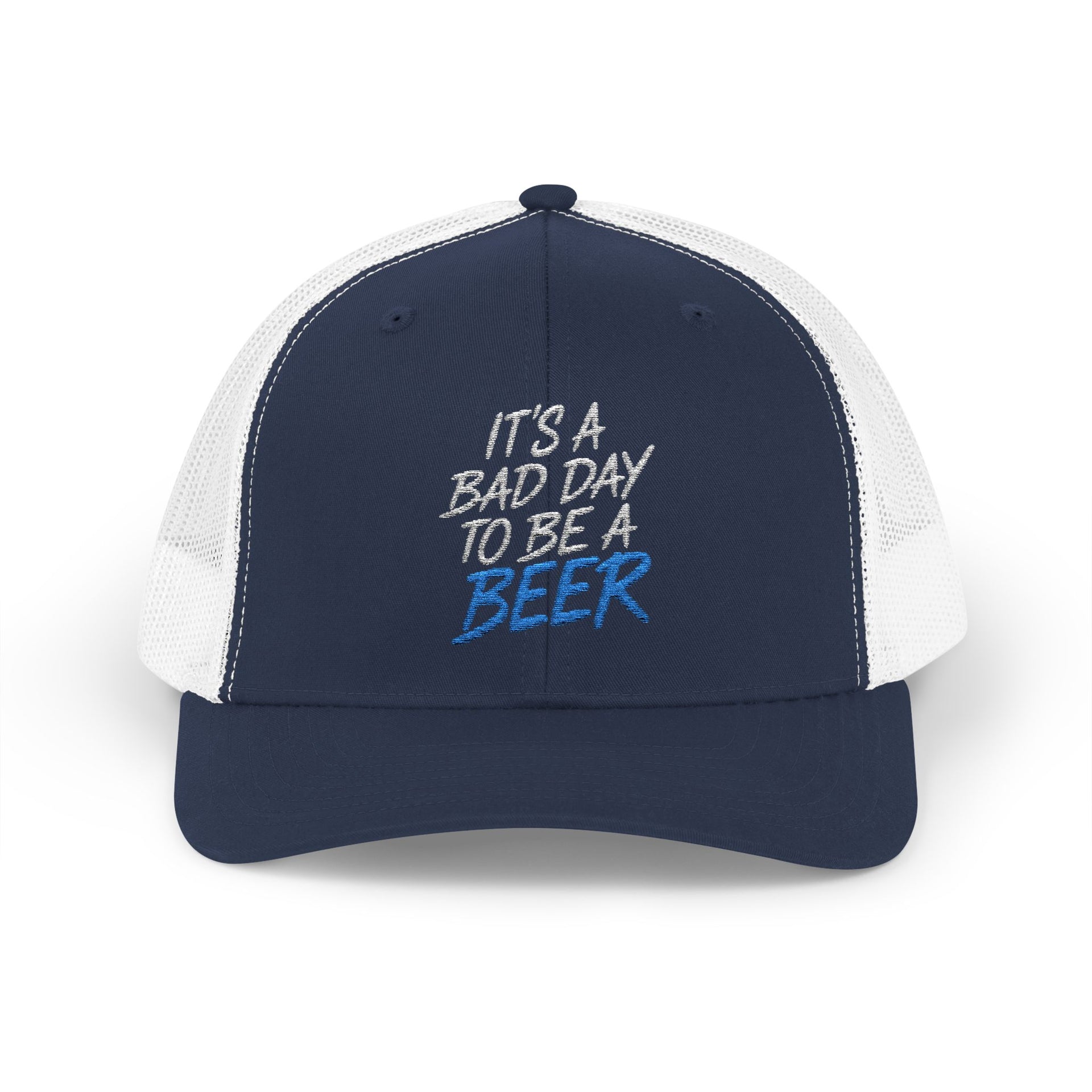  a navy and white trucker hat with teh phrase its a bad day to be a beer funny spring break, guys trip, girls trip, beach trip, lake season design