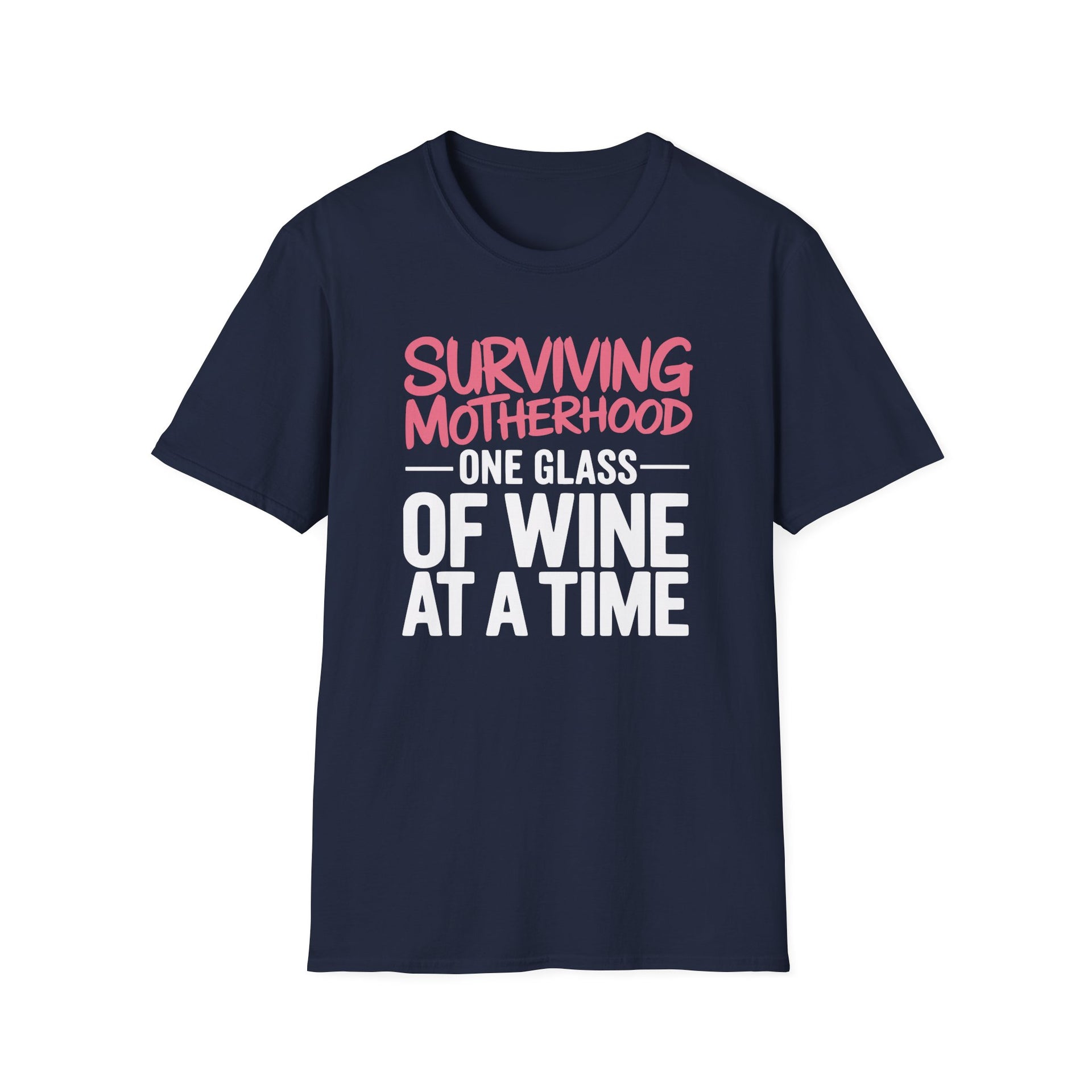 a navy t-shirt with the phrase 'Surviving Motherhood One Glass of Wine at a Time' funny Mother's day, beach vacation, spring break design