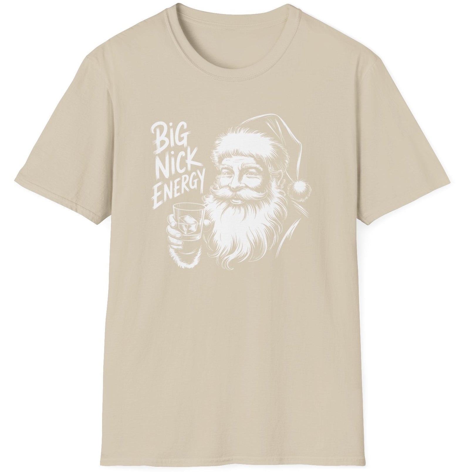 Funny Christmas Drinking  Short Sleeve Shirt with Santa drinking from a whiskey glass and the text "Big Nick Energy" - Sand 