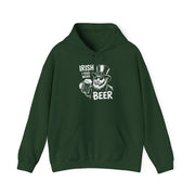a forest green hoodie with 'Irish I Had More Beer' text and a leprechaun graphic funny St Patricks Day pub crawl and parade design