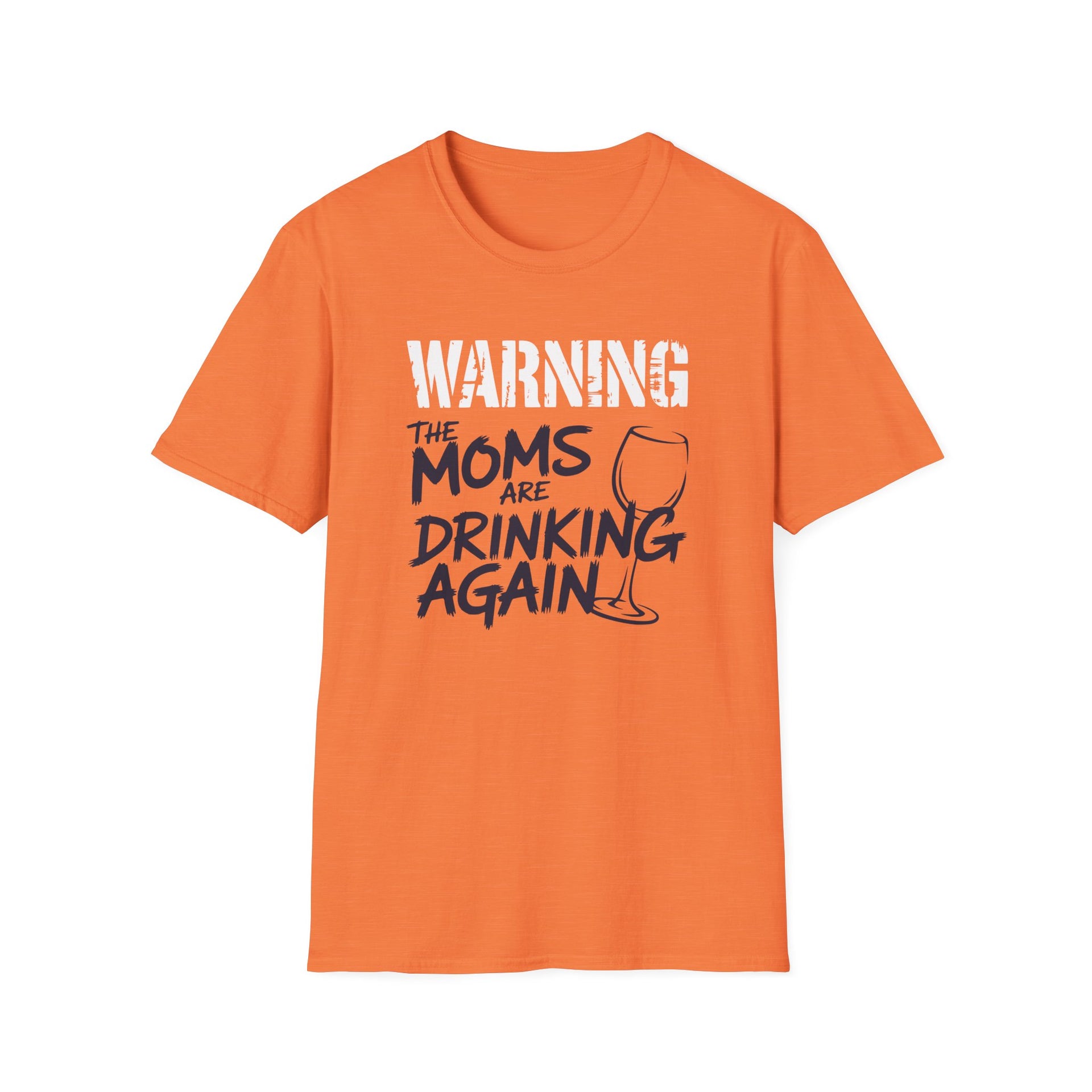 a heather orange t-shirt with the text 'Warning:the moms are drinking again' funny mother's day, beach trip, girls trip design