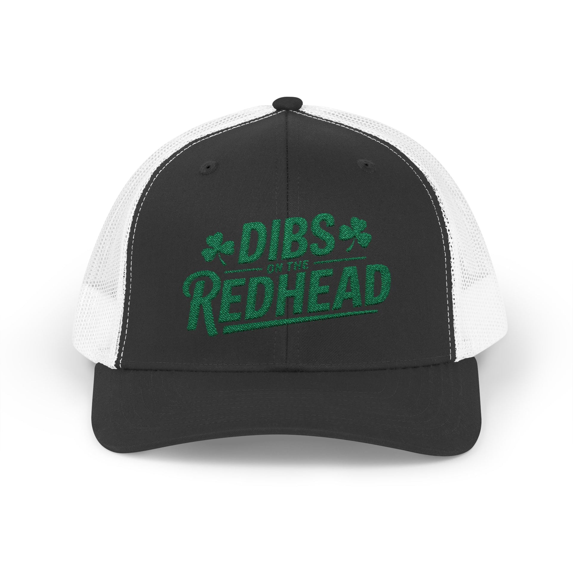 black and white curved bill trucker hat with the text 'DIBS on the REDHEAD' funny st patricks day pub crawl design