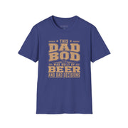 a blue t-shirt with the phrase "THis Dad Bod was Built on Beer and Bad decisions" funny father's day design