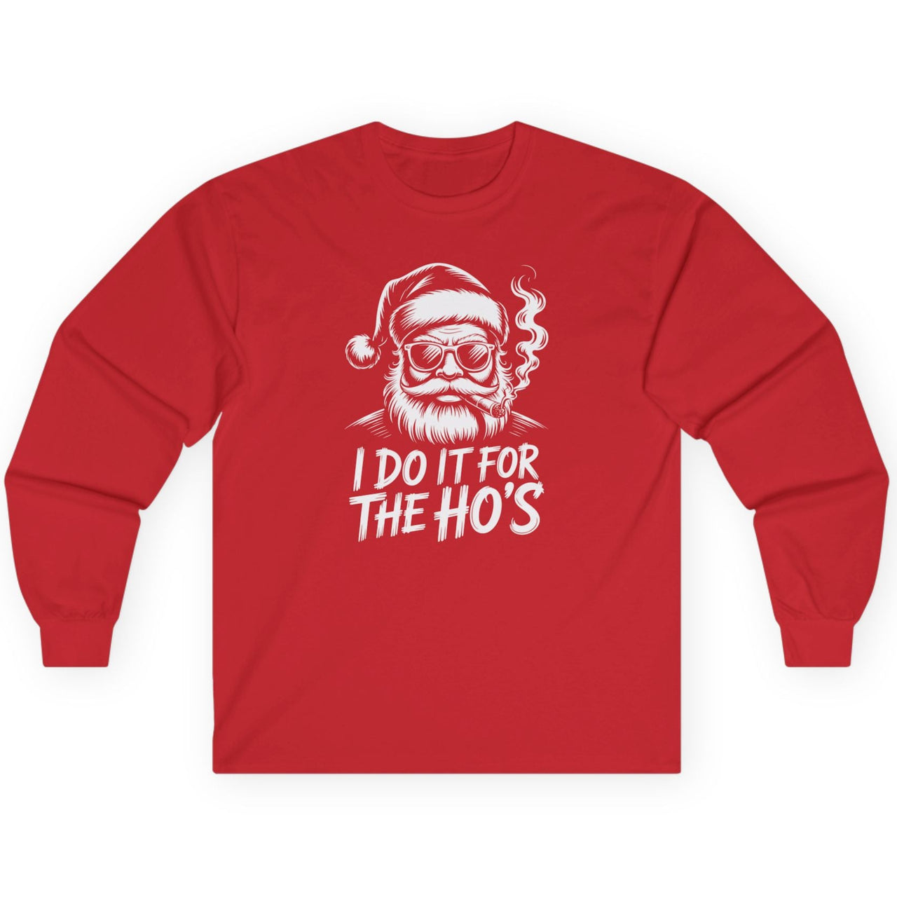 Red long-sleeve shirt with a graphic of Santa Claus and the text i do it for the hos