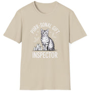 Beige  t-shirt with a cat graphic and the text purr-sonal gift inspector funny christmas sweater