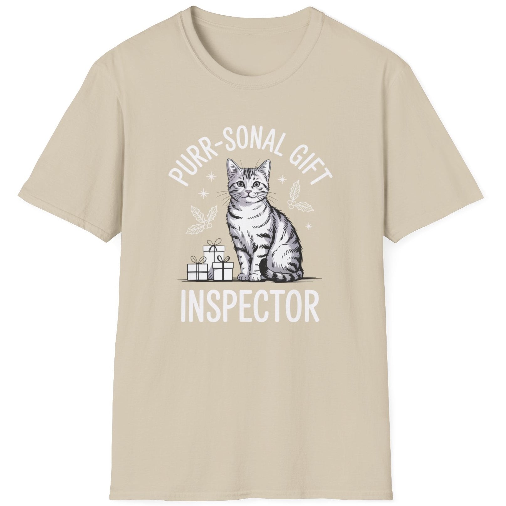 Beige  t-shirt with a cat graphic and the text purr-sonal gift inspector funny christmas sweater