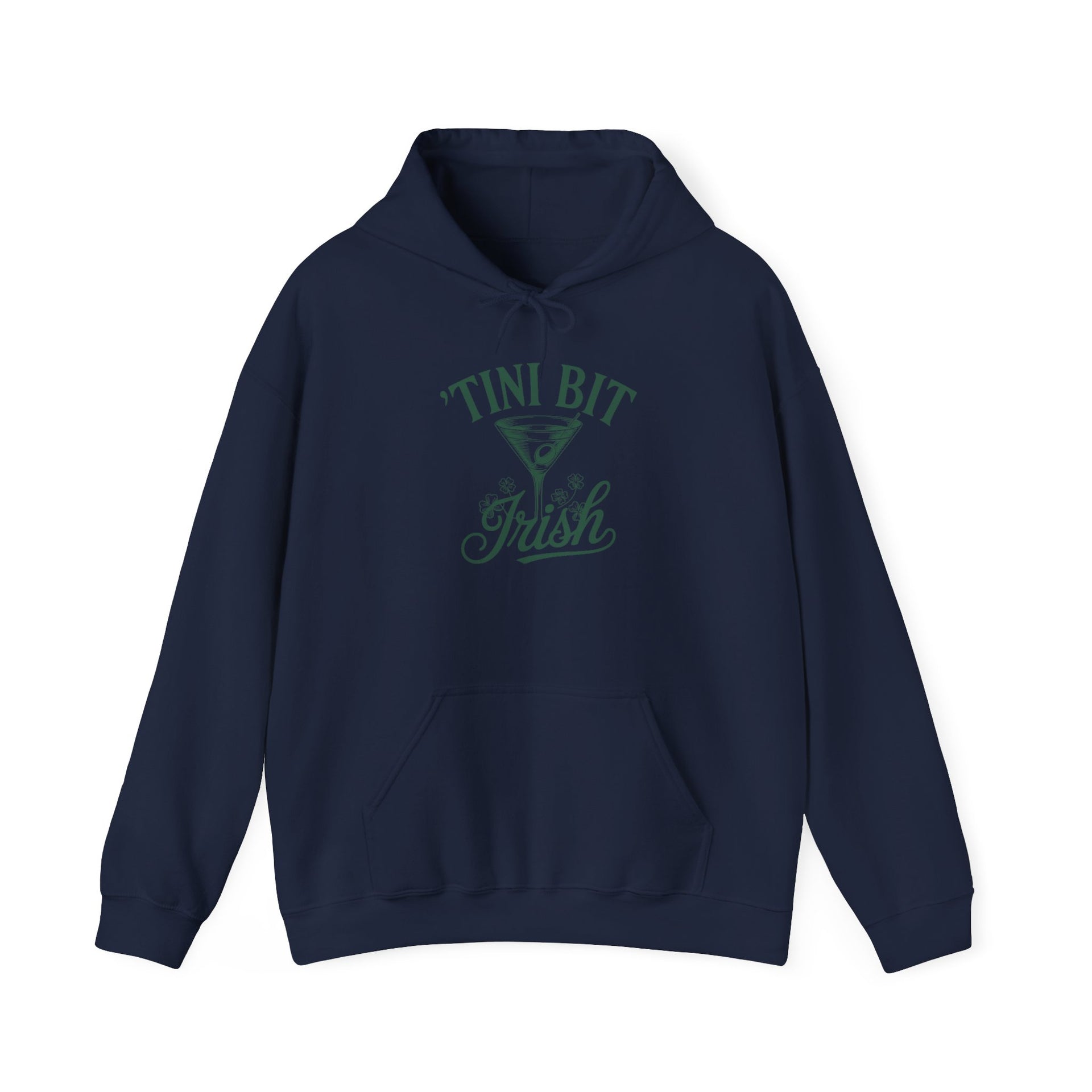 navy hoodie with 'Tini Bit Irish' and martini glass funny st patricks day hoodie