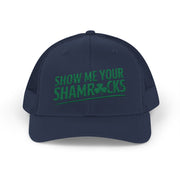 a navy curved trucker hat with 'Show Me Your Shamrocks' text funny st patricks day pub crawl design